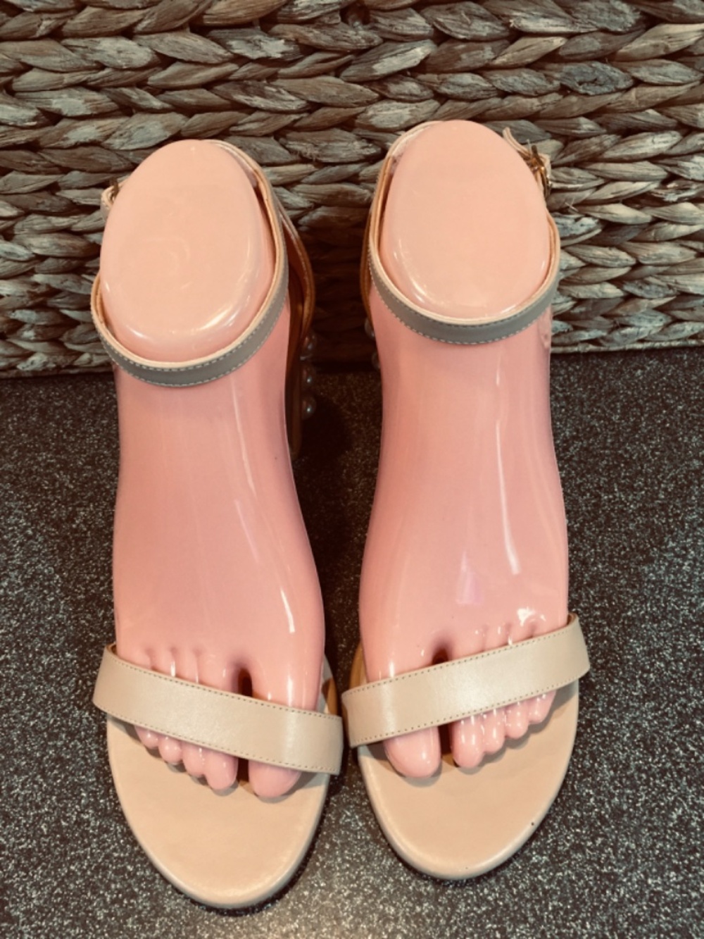 Stuart Weitzman Nude Beige Pearl-Embellished Block Heel Sandals - Picture 2 of 15
